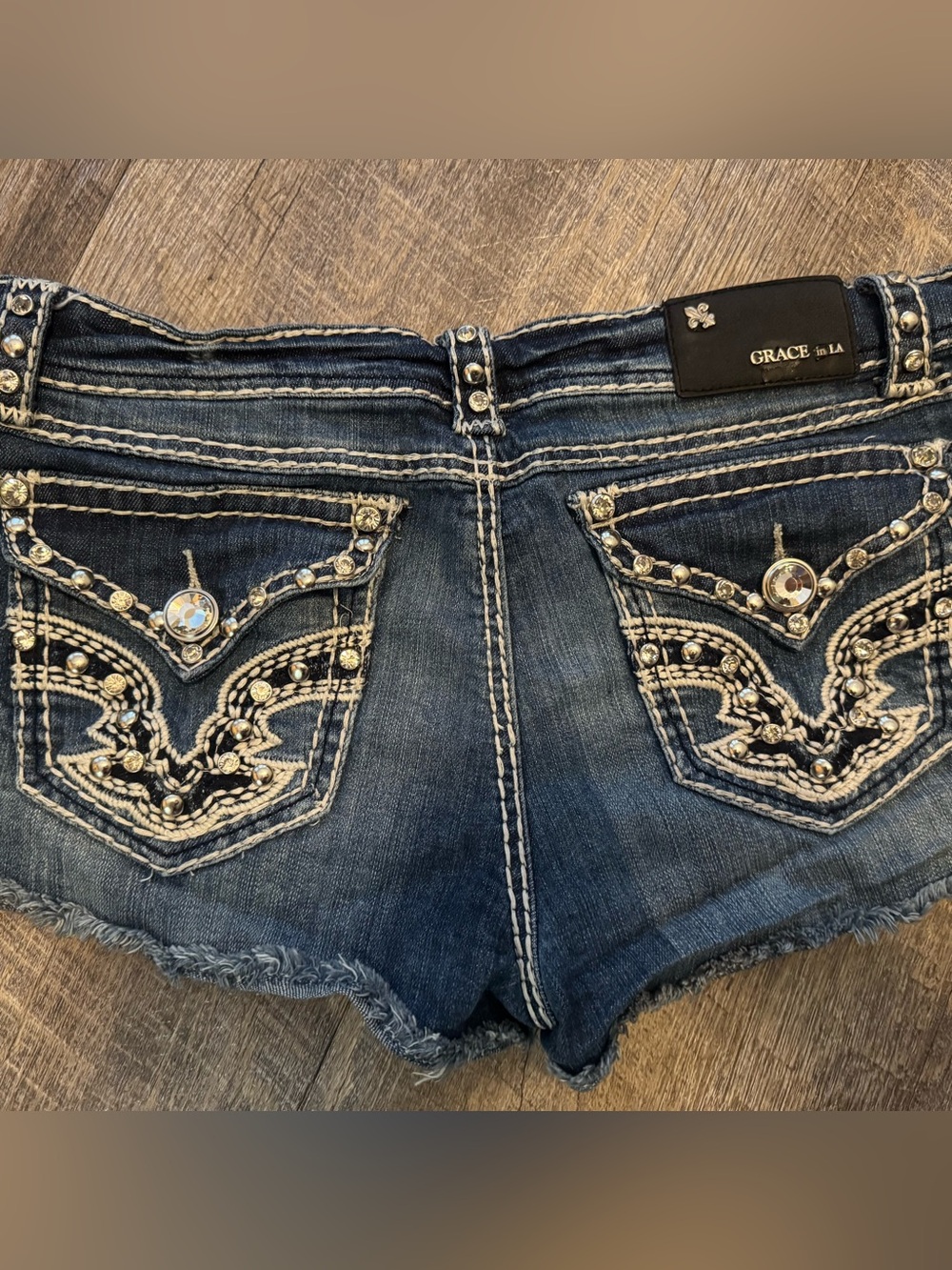 Grace in LA Embellished Dark Blue Denim Jean Shorts